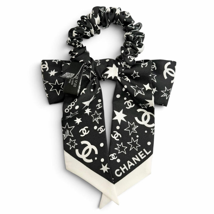 極美品△CHANEL シャネル AAA746 シルク100％ ココマーク ロゴ スター リボン シュシュ ヘアアクセサリー ブラック ホワイト 伊製 箱付き
