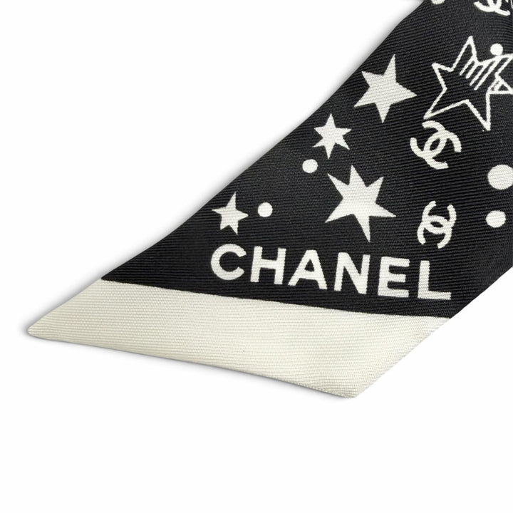極美品△CHANEL シャネル AAA746 シルク100％ ココマーク ロゴ スター リボン シュシュ ヘアアクセサリー ブラック ホワイト 伊製 箱付き
