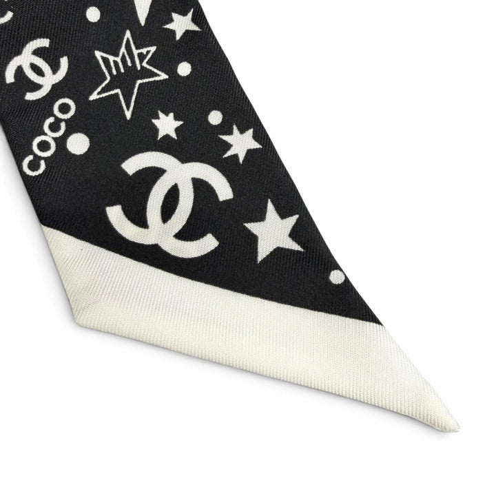 極美品△CHANEL シャネル AAA746 シルク100％ ココマーク ロゴ スター リボン シュシュ ヘアアクセサリー ブラック ホワイト 伊製 箱付き