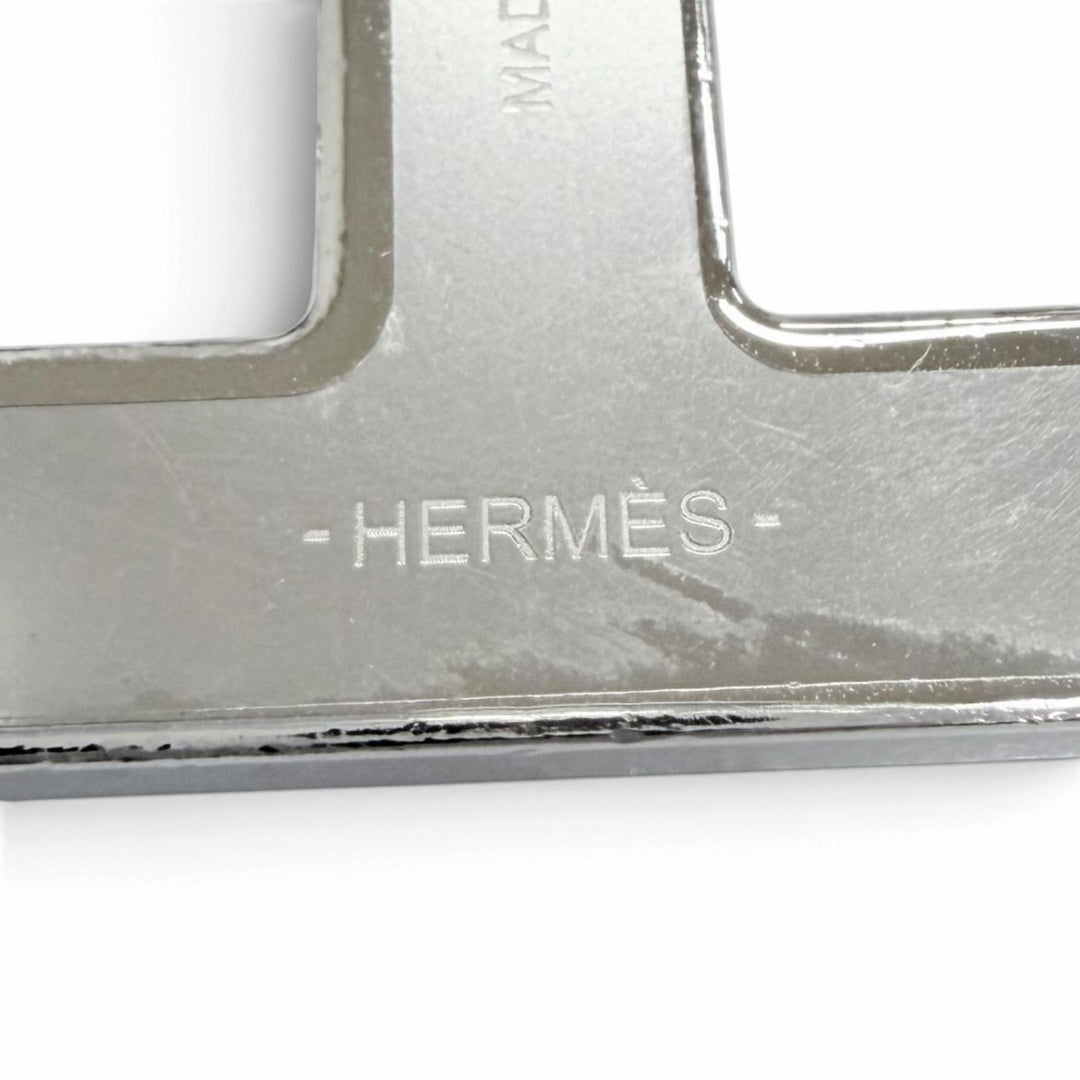 美品△HERMES エルメス シェーヌダンクル ブローチ レザー シルバー金具 ブラック フランス製 レディース メンズ 箱・袋付き オススメ◎