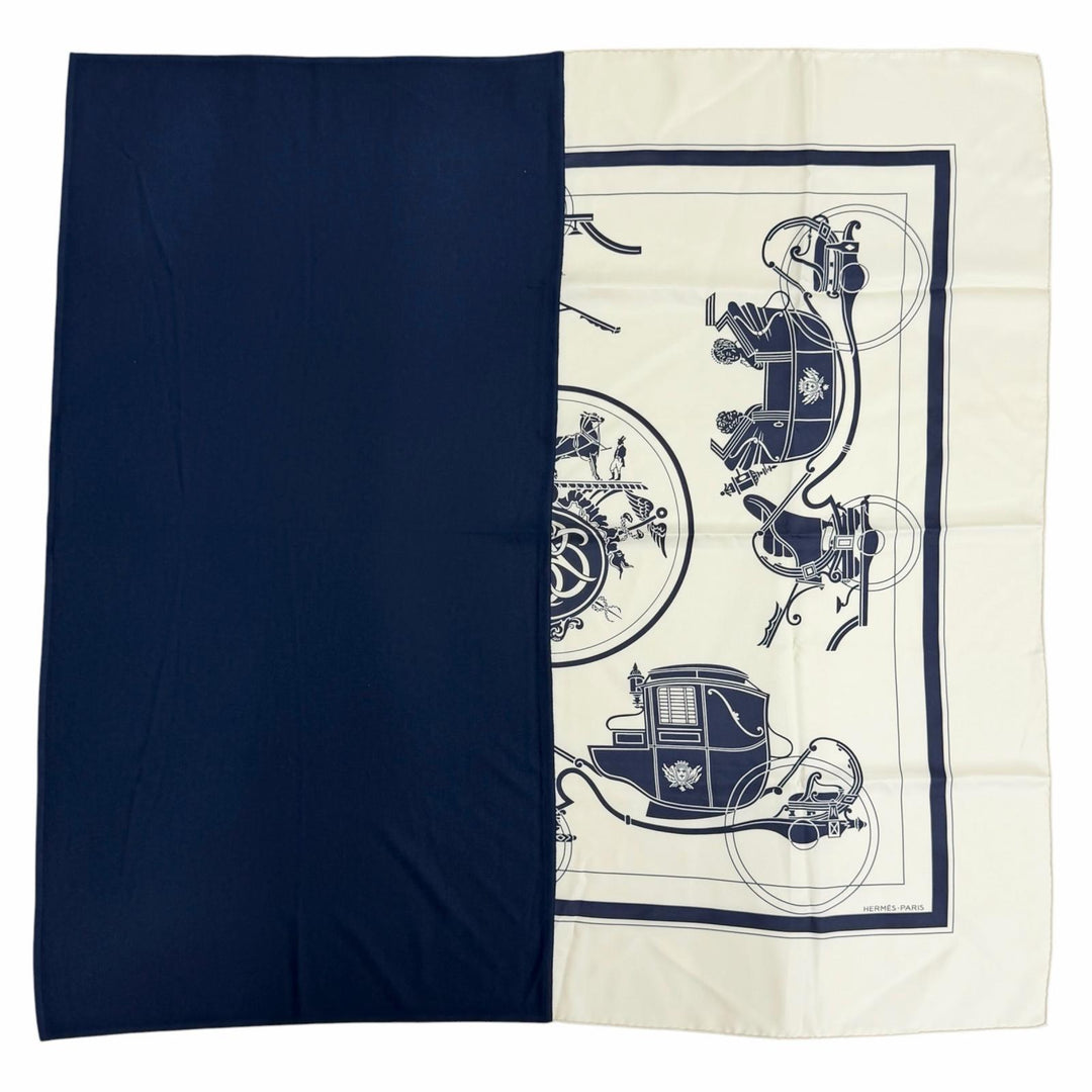 未使用△HERMES エルメス H394829T カレH ハイブリッド 90 エクスリブリス シルク エクリュ/マリン/マリン 現行品 スカーフ 定価223300円