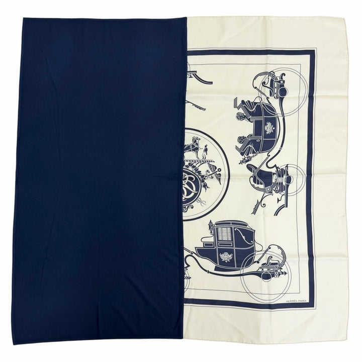 未使用△HERMES エルメス H394829T カレH ハイブリッド 90 エクスリブリス シルク エクリュ/マリン/マリン 現行品 スカーフ 定価223300円