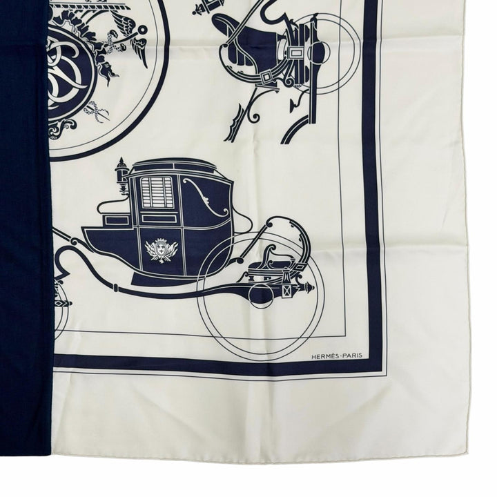 未使用△HERMES エルメス H394829T カレH ハイブリッド 90 エクスリブリス シルク エクリュ/マリン/マリン 現行品 スカーフ 定価223300円