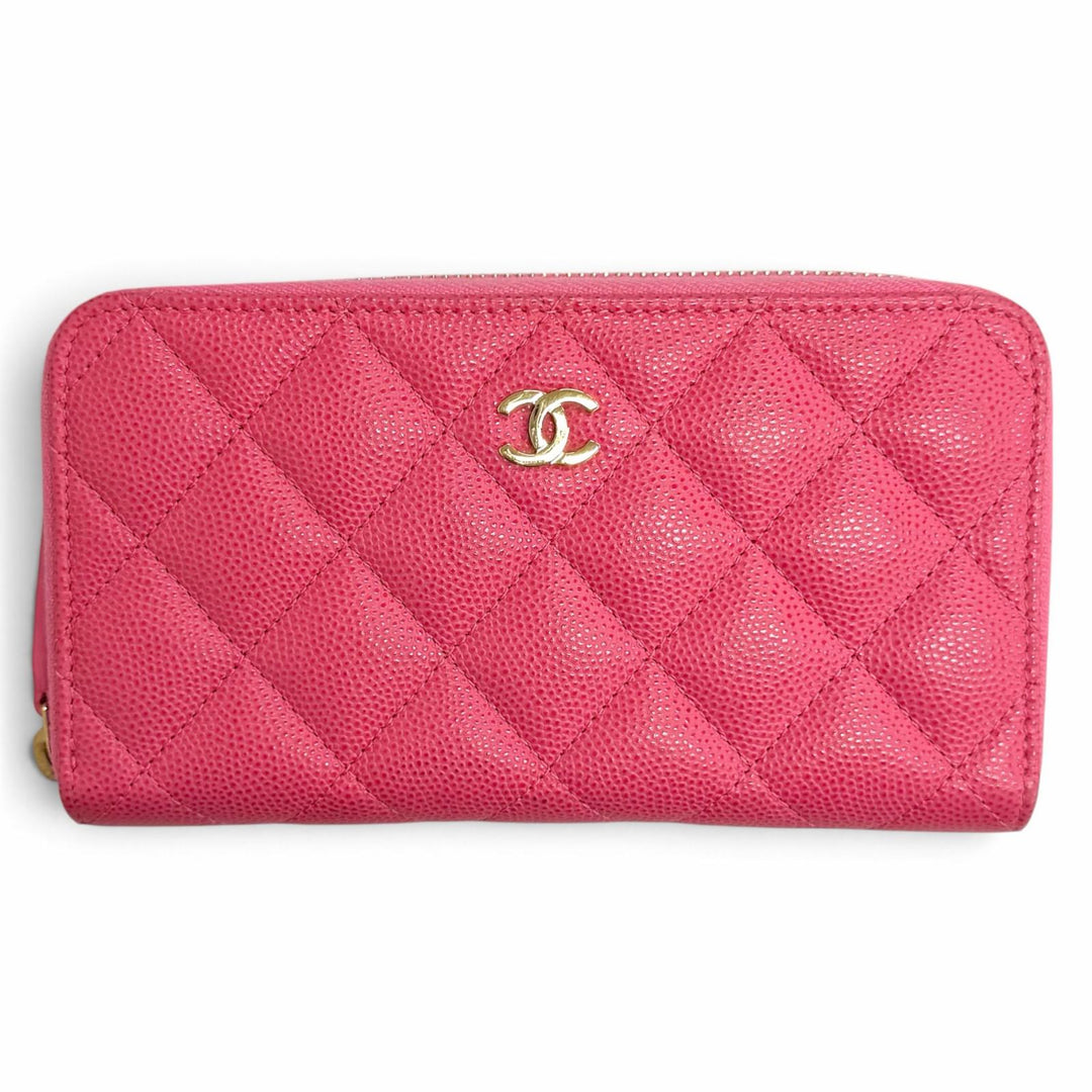 良品△CHANEL シャネル AP0226 キャビアスキン ココマーク マトラッセ タイムレスライン クラシック ミディアム ジップウォレット ピンク