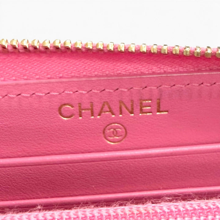 良品△CHANEL シャネル AP0226 キャビアスキン ココマーク マトラッセ タイムレスライン クラシック ミディアム ジップウォレット ピンク