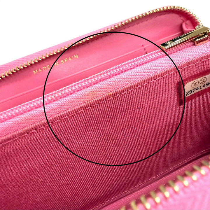 良品△CHANEL シャネル AP0226 キャビアスキン ココマーク マトラッセ タイムレスライン クラシック ミディアム ジップウォレット ピンク