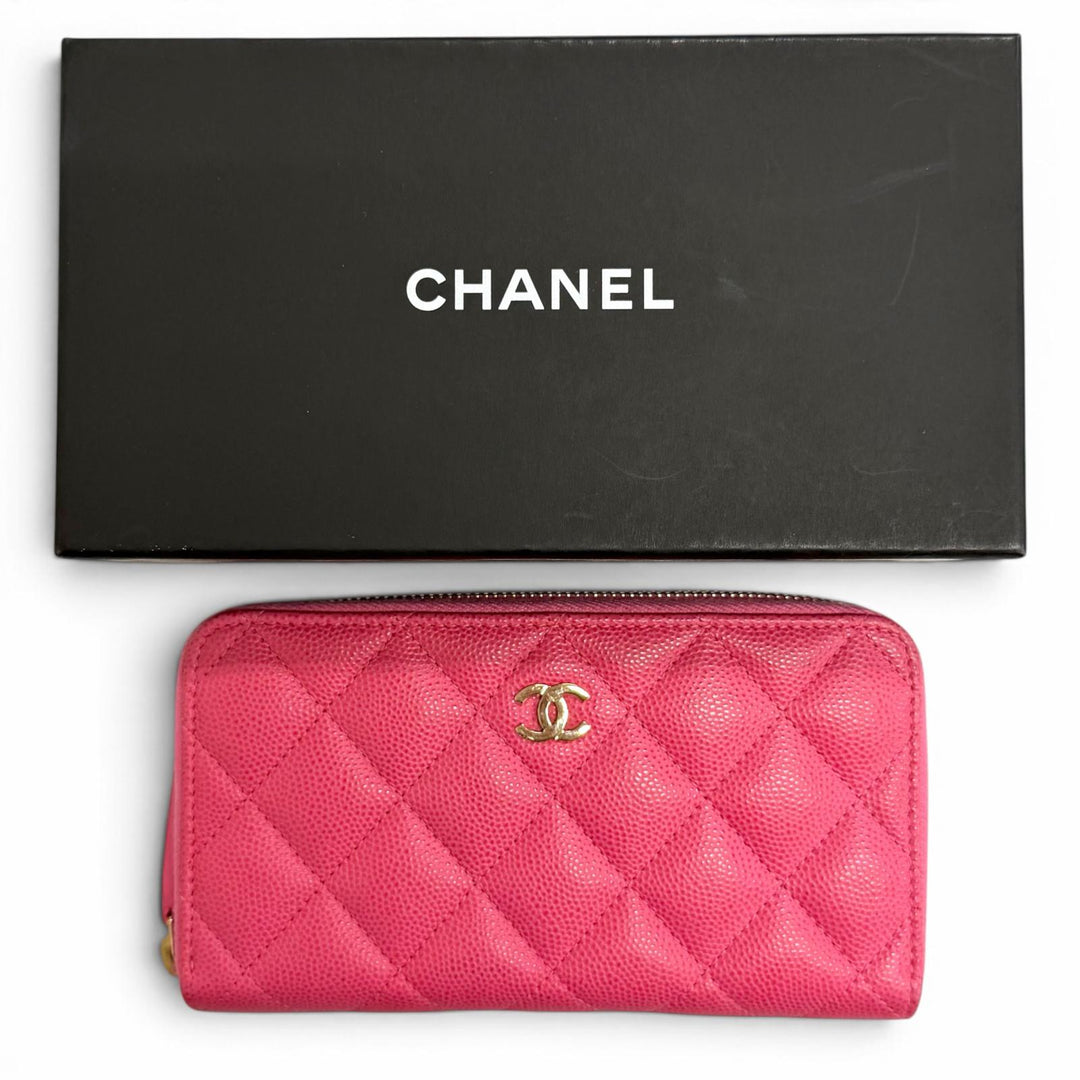 良品△CHANEL シャネル AP0226 キャビアスキン ココマーク マトラッセ タイムレスライン クラシック ミディアム ジップウォレット ピンク