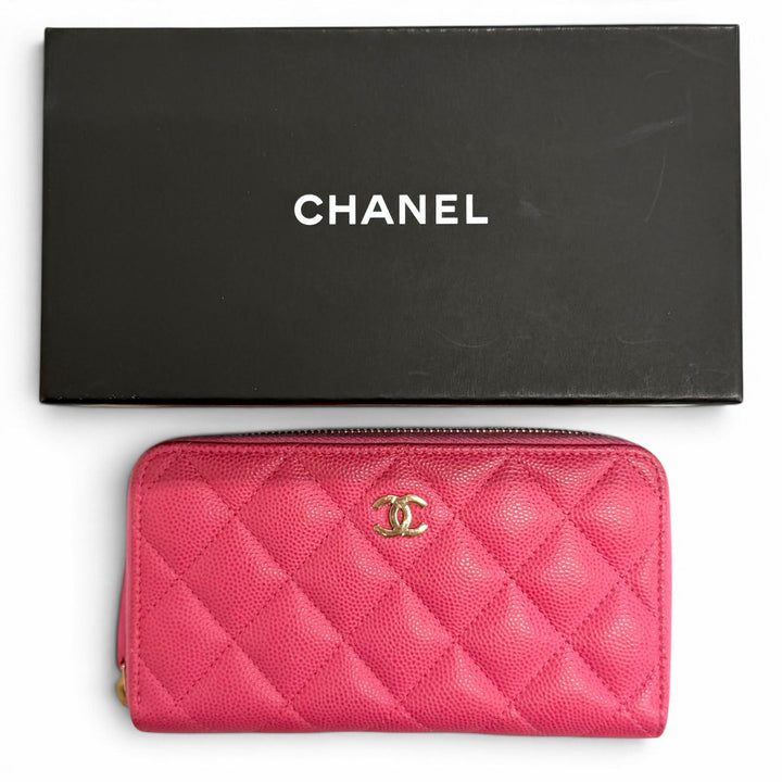 良品△CHANEL シャネル AP0226 キャビアスキン ココマーク マトラッセ タイムレスライン クラシック ミディアム ジップウォレット ピンク