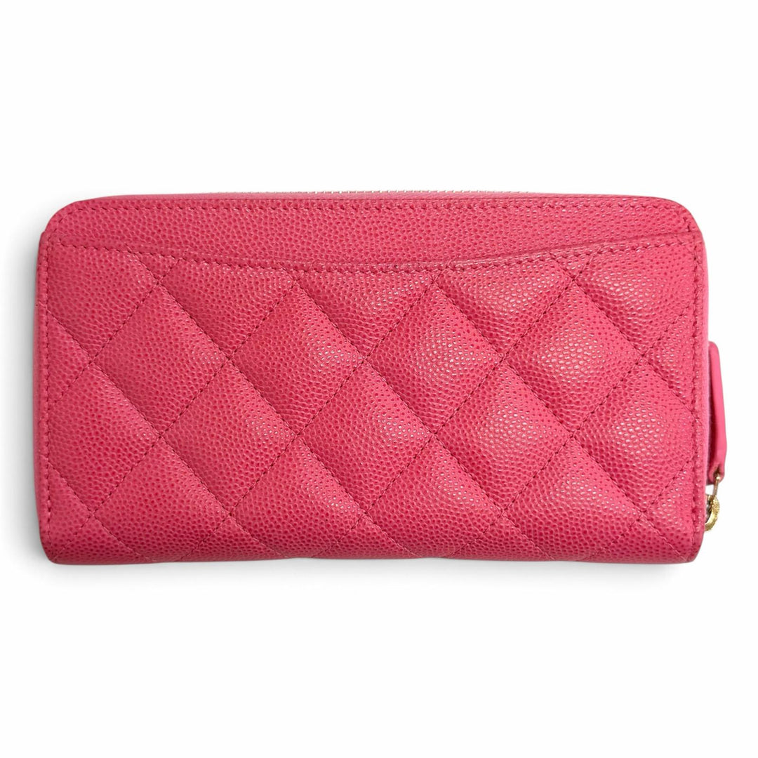 良品△CHANEL シャネル AP0226 キャビアスキン ココマーク マトラッセ タイムレスライン クラシック ミディアム ジップウォレット ピンク