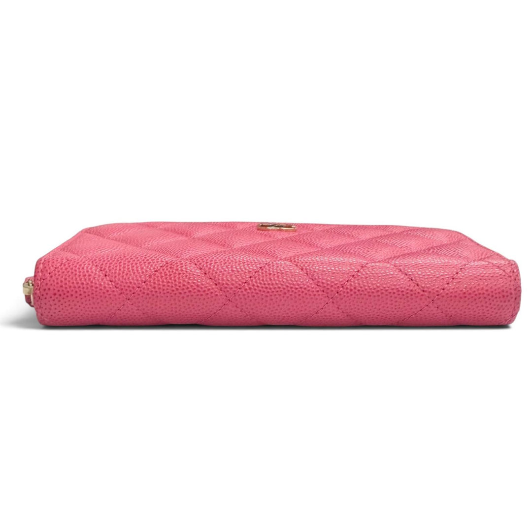 良品△CHANEL シャネル AP0226 キャビアスキン ココマーク マトラッセ タイムレスライン クラシック ミディアム ジップウォレット ピンク