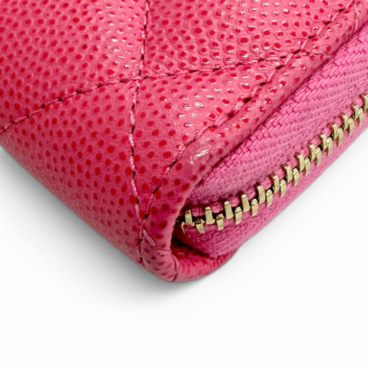 良品△CHANEL シャネル AP0226 キャビアスキン ココマーク マトラッセ タイムレスライン クラシック ミディアム ジップウォレット ピンク