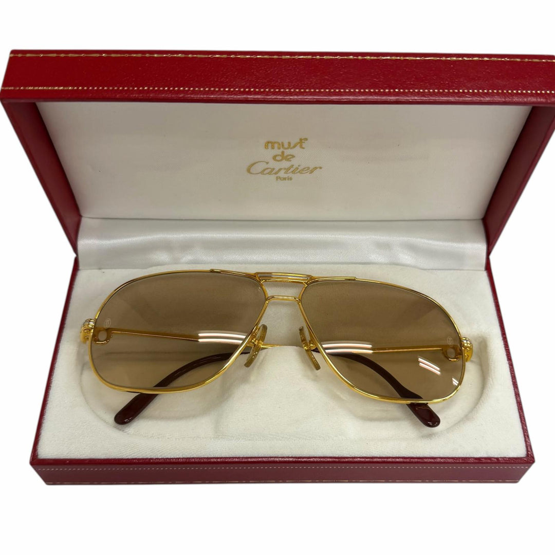 極美品□Cartier カルティエ ヴィンテージ トリニティ ツーブリッジ サングラス ゴールド ボルドー ブラウンレンズ 62□12-140 仏製