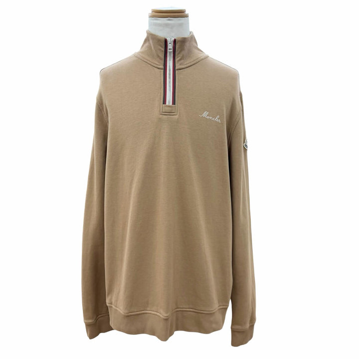 美品▼MONCLER モンクレール 2025年製 T-NECK ロゴワッペン付き ハイネック ハーフジップ プルオーバー スウェット ブラウン L 正規品