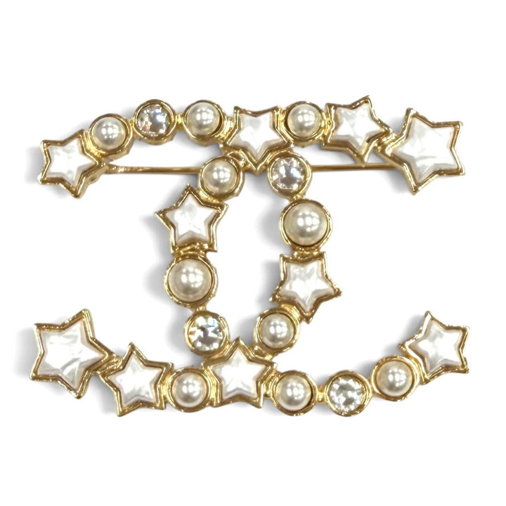 極美品★CHANEL シャネル B24C ココマーク ラインストーン エコパール スター ブローチ ホワイト ゴールド金具 イタリア製 箱・保存袋付