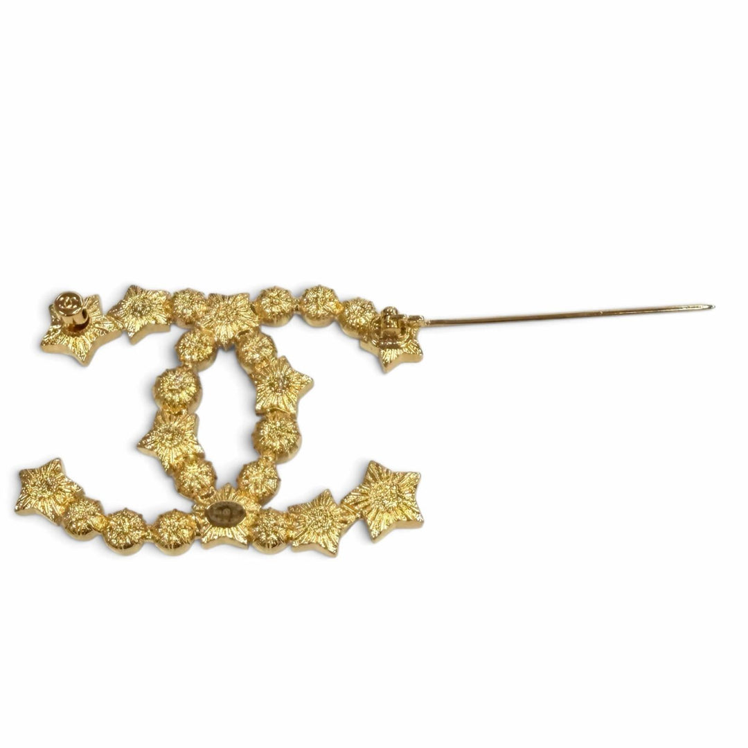 極美品★CHANEL シャネル B24C ココマーク ラインストーン エコパール スター ブローチ ホワイト ゴールド金具 イタリア製 箱・保存袋付