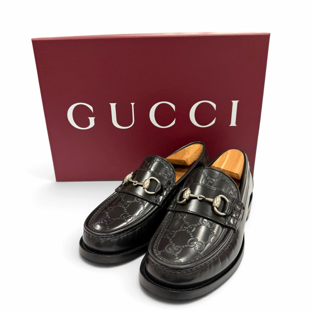 極美品▼GUCCI グッチ 786426 ホースビット GG柄 レザーシューズ ローファー ブラック シルバー金具 5 (24cm) イタリア製 メンズ 箱付き