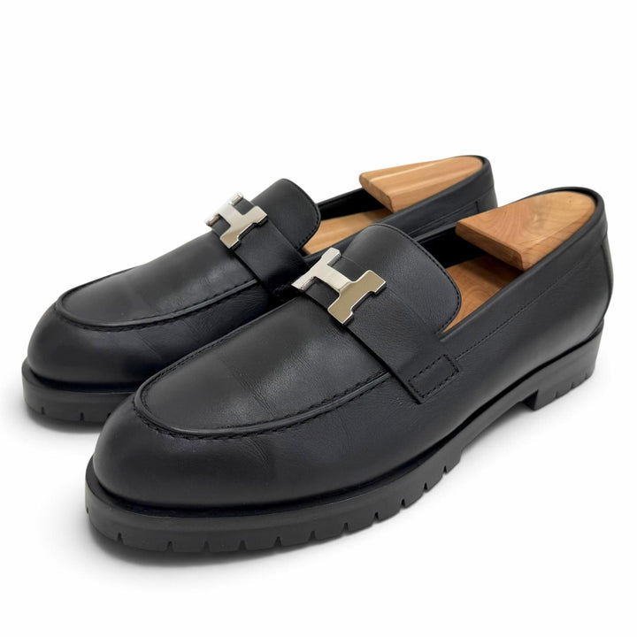 美品△HERMES エルメス H222252Z モカシン フォーブル パリバックル コンスタンス レザー ローファー ブラック 37.5 伊製 定価248600円