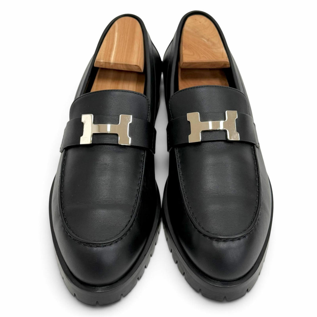 美品△HERMES エルメス H222252Z モカシン フォーブル パリバックル コンスタンス レザー ローファー ブラック 37.5 伊製 定価248600円