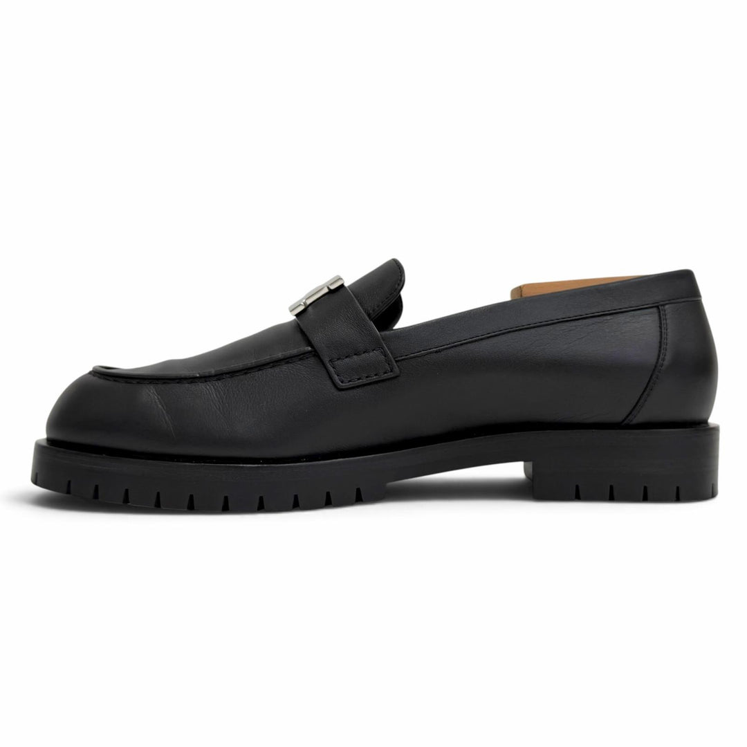 美品△HERMES エルメス H222252Z モカシン フォーブル パリバックル コンスタンス レザー ローファー ブラック 37.5 伊製 定価248600円