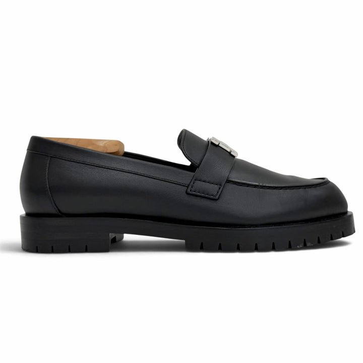 美品△HERMES エルメス H222252Z モカシン フォーブル パリバックル コンスタンス レザー ローファー ブラック 37.5 伊製 定価248600円