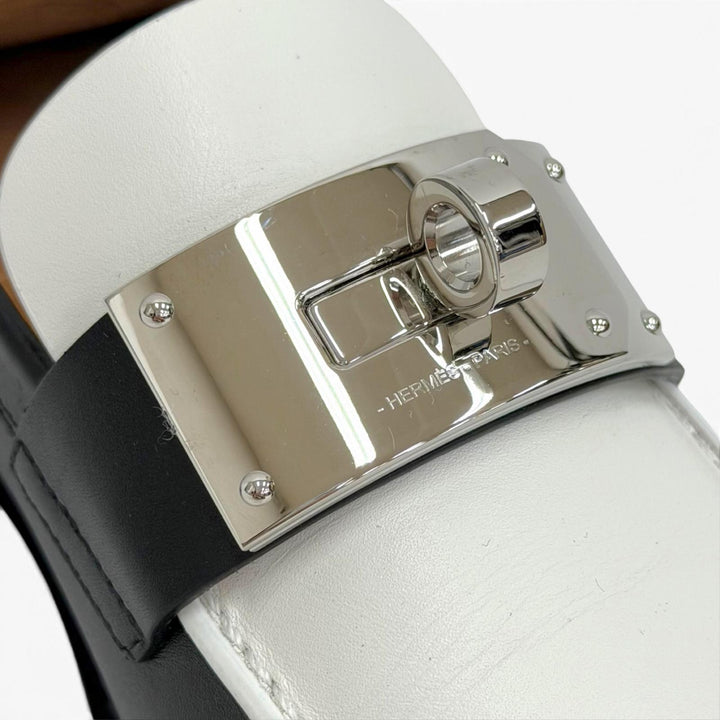 美品△HERMES エルメス 232075Z ホット ローファー レザー モカシン ケリーバックル シューズ ブラック ホワイト IT 38 箱・保存袋付き