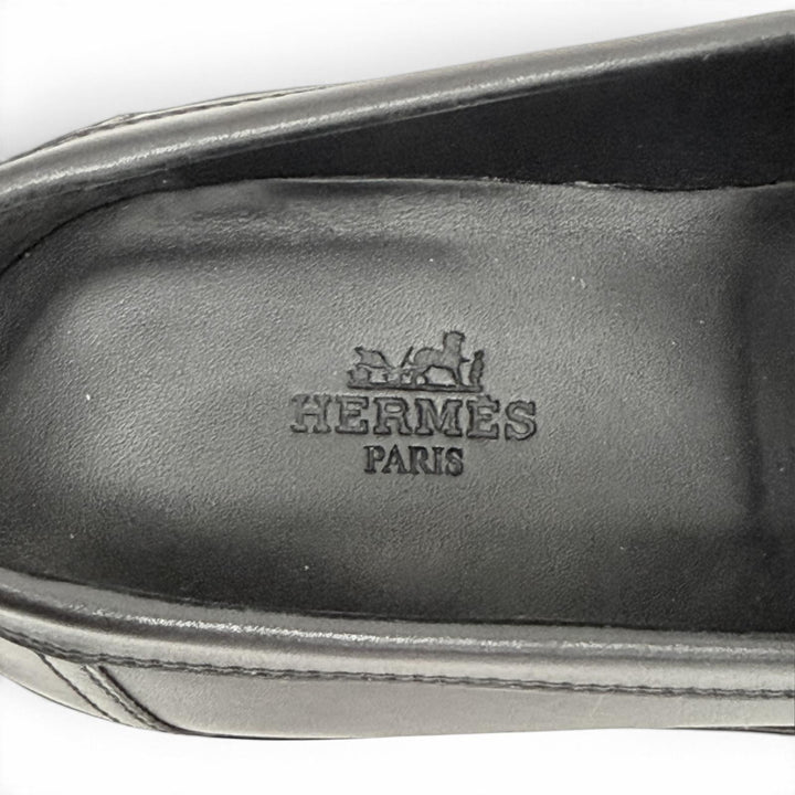 美品△HERMES エルメス 232075Z ホット ローファー レザー モカシン ケリーバックル シューズ ブラック ホワイト IT 38 箱・保存袋付き