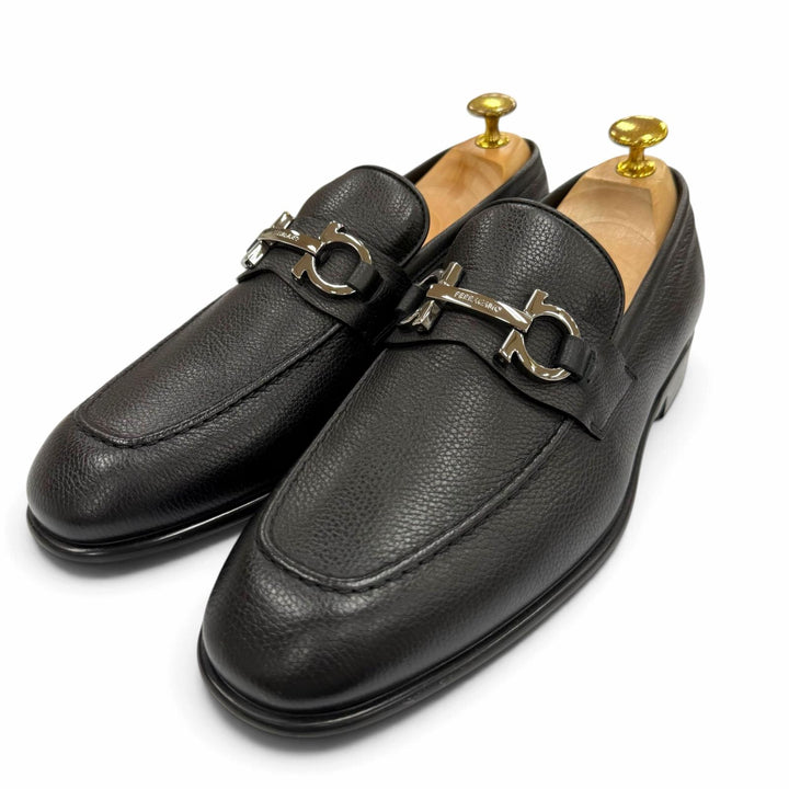 未使用品▼FERRAGAMO フェラガモ ガンチーニ レザーシューズ ビット ローファー ブラック シルバー金具 6 イタリア製 メンズ 保存袋付き