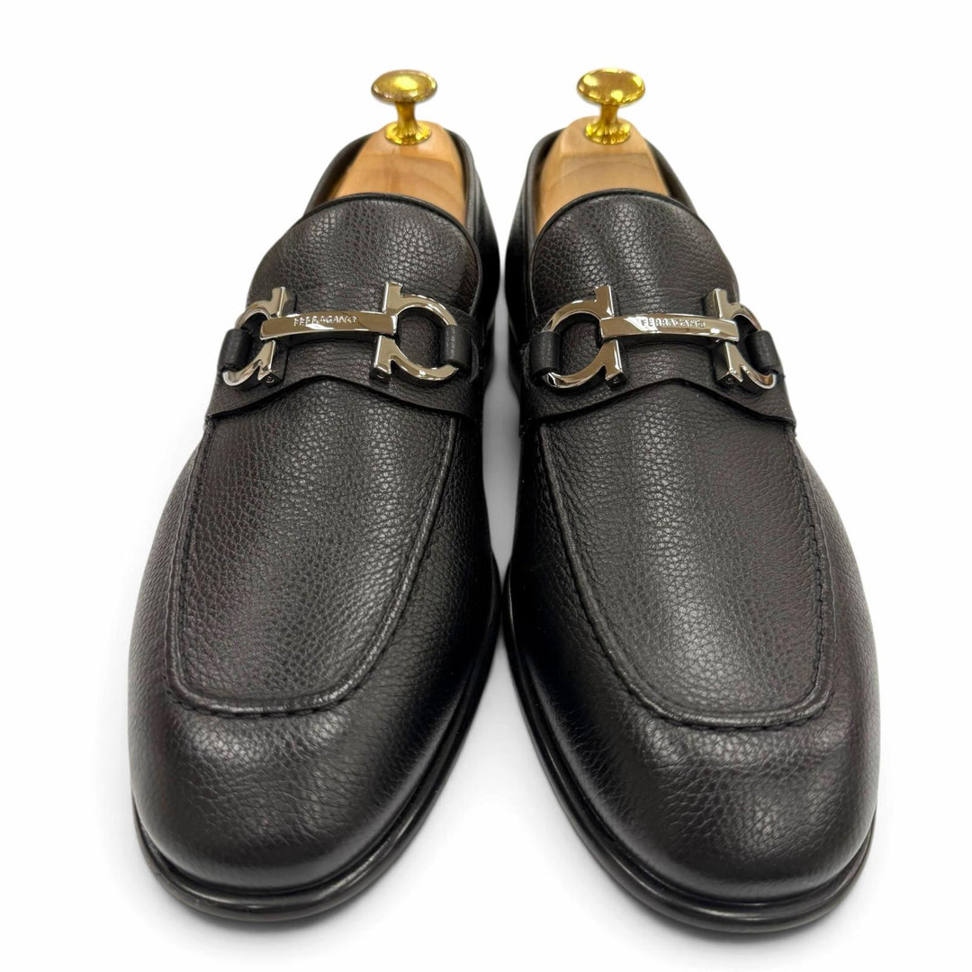 未使用品▼FERRAGAMO フェラガモ ガンチーニ レザーシューズ ビット ローファー ブラック シルバー金具 6 イタリア製 メンズ 保存袋付き
