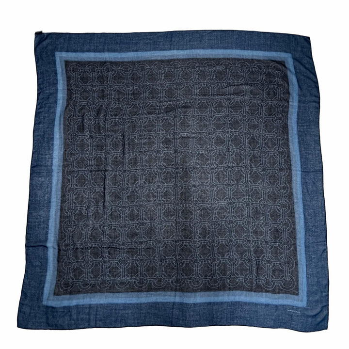 極美品☆HERMES エルメス カレジェアン カシミヤ シルク チェーン総柄 大判ショール/ストール スカーフ ネイビー ブルー イタリア製 箱付