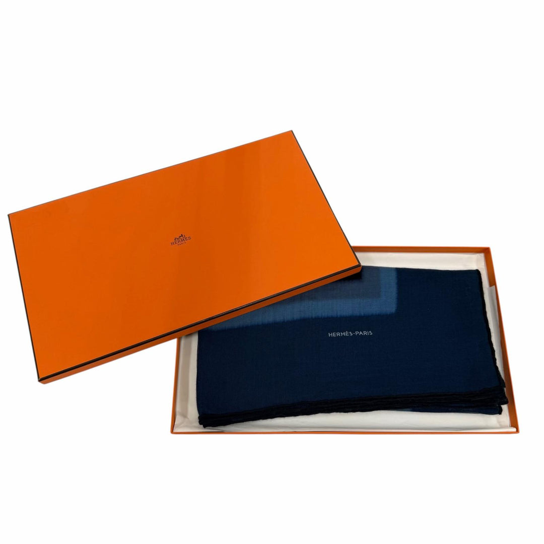 極美品☆HERMES エルメス カレジェアン カシミヤ シルク チェーン総柄 大判ショール/ストール スカーフ ネイビー ブルー イタリア製 箱付