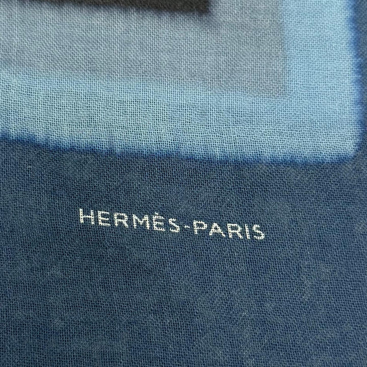極美品☆HERMES エルメス カレジェアン カシミヤ シルク チェーン総柄 大判ショール/ストール スカーフ ネイビー ブルー イタリア製 箱付