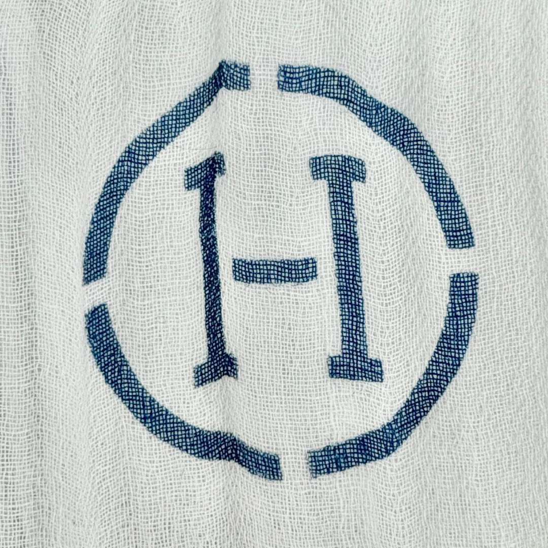 極美品△HERMES エルメス ナオシマ コットン100% ブルージー ホワイト Hロゴ ミニフリンジ 大判 ストール マフラー 日本製 正規品 箱付