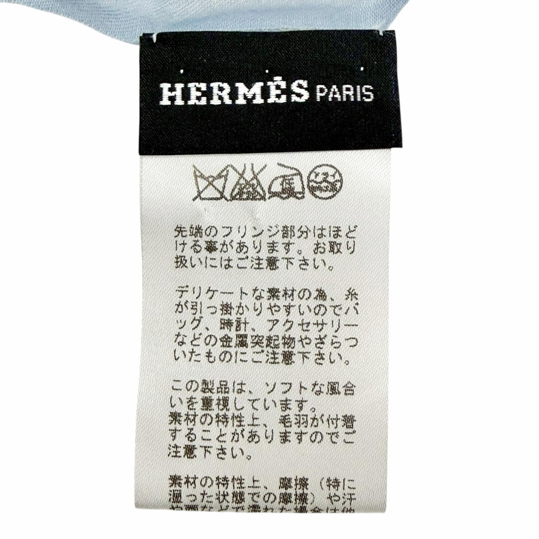 極美品△HERMES エルメス ナオシマ コットン100% ブルージー ホワイト Hロゴ ミニフリンジ 大判 ストール マフラー 日本製 正規品 箱付
