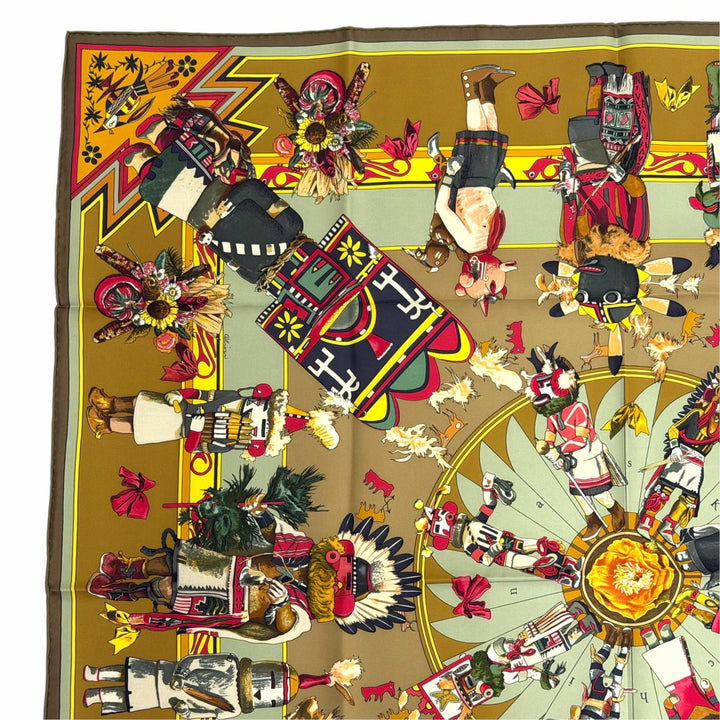 極美品△HERMES エルメス Kachinas カチナ 民族 カレ90 シルク100％ スカーフ ブラウン系 カーキ系 フランス製 レディース 箱付 オススメ
