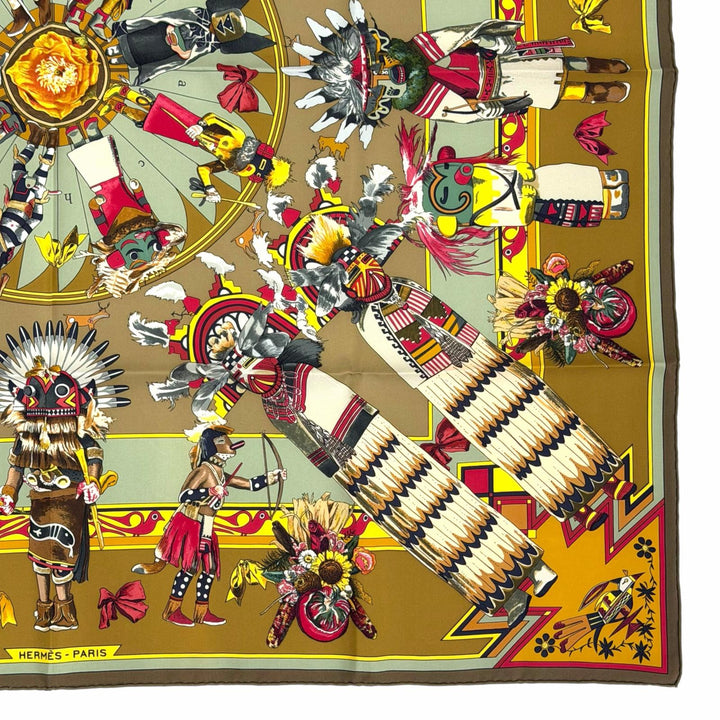 極美品△HERMES エルメス Kachinas カチナ 民族 カレ90 シルク100％ スカーフ ブラウン系 カーキ系 フランス製 レディース 箱付 オススメ