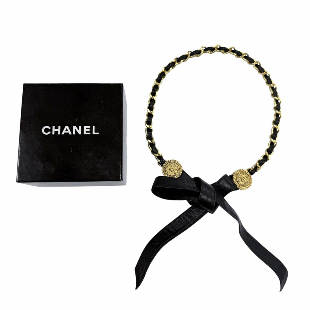 良品☆CHANEL シャネル ヴィンテージ メタル ココマーク レザー使い チェーン リボン ベルト ゴールド ブラック レディース