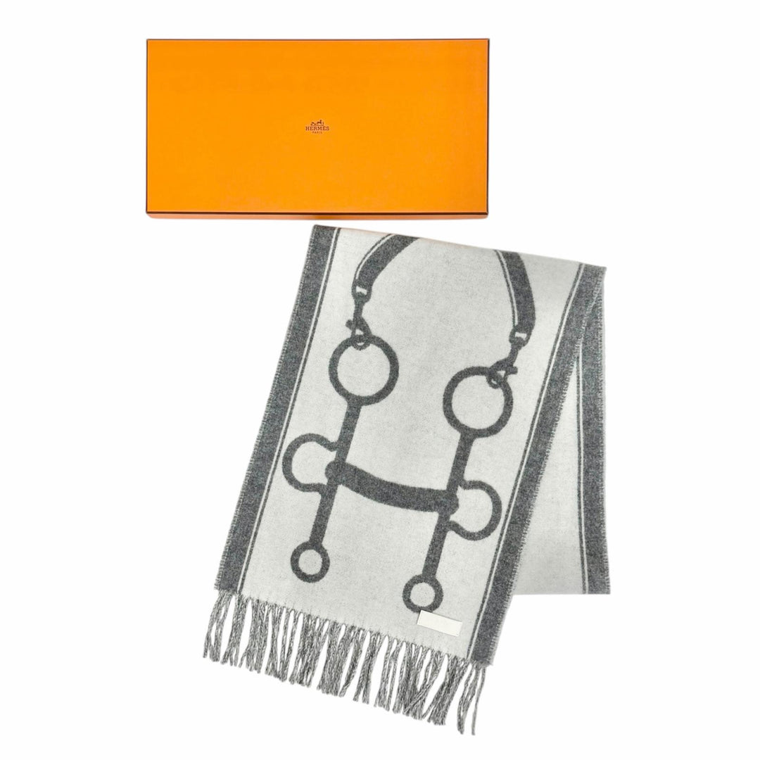 極美品△HERMES エルメス H259157S モール カシミヤ100％ イヴォワール/フランネルグレー マフラー ストール 現行品 イギリス製 箱付き