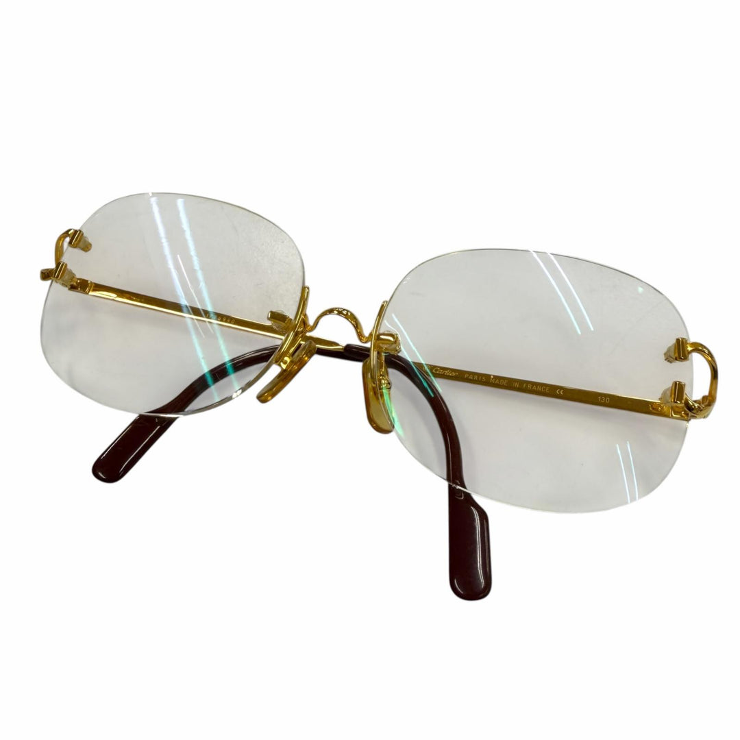 美品▼Cartier カルティエ ツーポイント リムレス ロゴ金具付き メガネ 眼鏡 アイウェア ゴールド ボルドー □18 130 度入り 仏製 メンズ