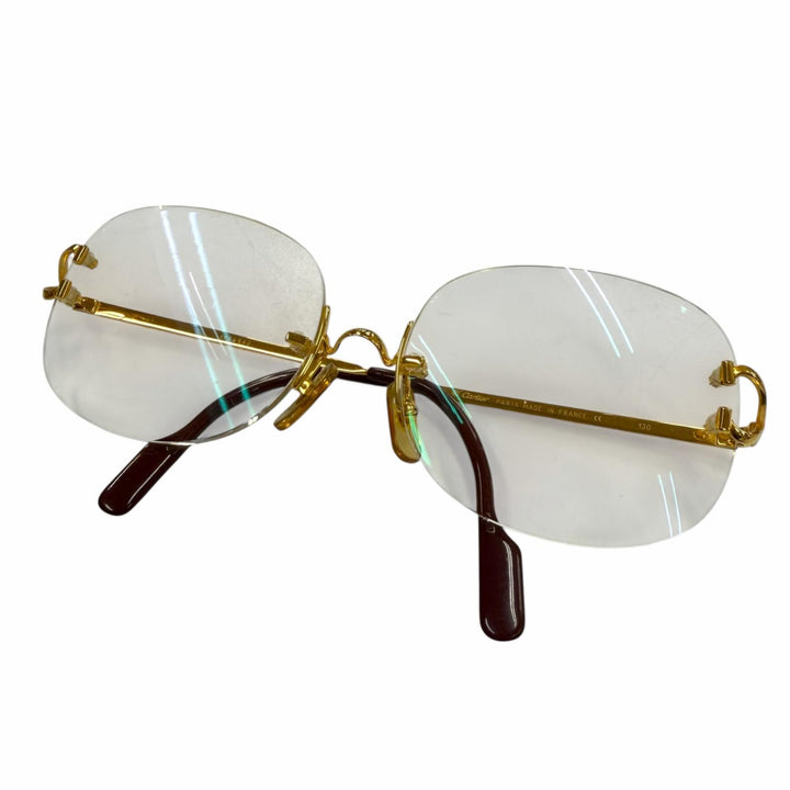美品▼Cartier カルティエ ツーポイント リムレス ロゴ金具付き メガネ 眼鏡 アイウェア ゴールド ボルドー □18 130 度入り 仏製 メンズ