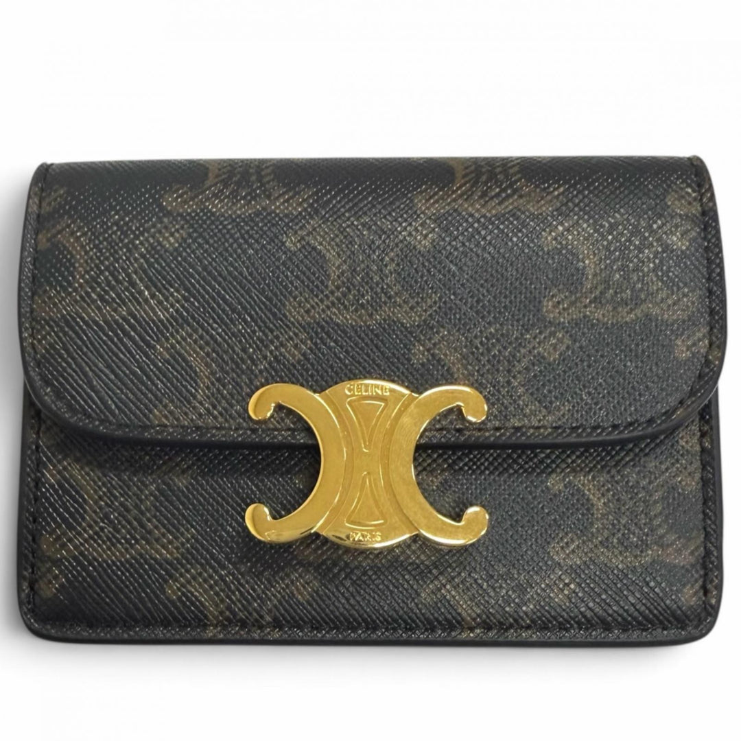 極美品□CELINE セリーヌ 10N062DB7 レザー トリオンフ カードケース 名刺入れ タン ゴールド金具 イタリア製 メンズ 保存袋付き