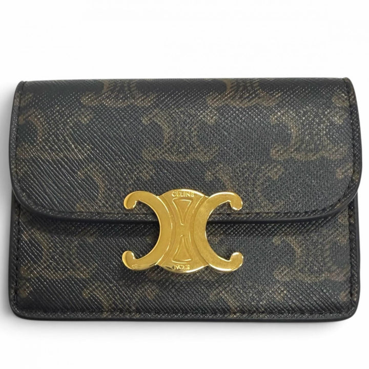 極美品□CELINE セリーヌ 10N062DB7 レザー トリオンフ カードケース 名刺入れ タン ゴールド金具 イタリア製 メンズ 保存袋付き