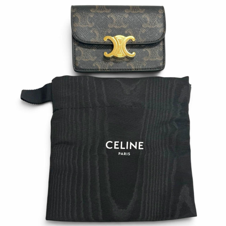 極美品□CELINE セリーヌ 10N062DB7 レザー トリオンフ カードケース 名刺入れ タン ゴールド金具 イタリア製 メンズ 保存袋付き