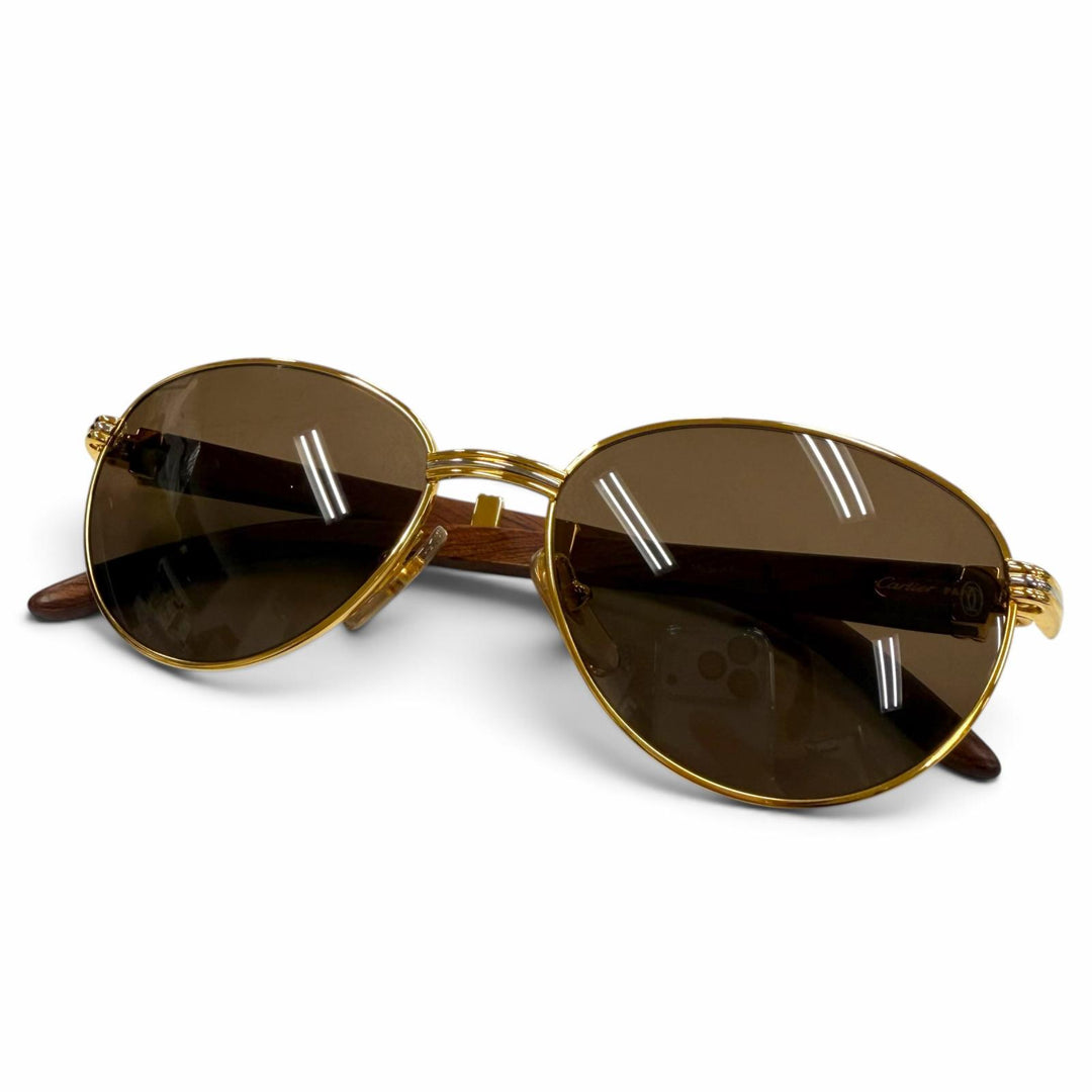 極美品▼Cartier カルティエ 2C デコール トリニティ ウッドテンプル ロゴ金具 アイウェア サングラス 54□17 135 デモレンズ ケース付き