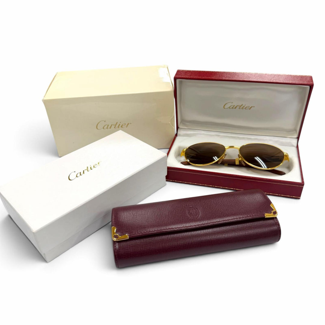 極美品▼Cartier カルティエ 2C デコール トリニティ ウッドテンプル ロゴ金具 アイウェア サングラス 54□17 135 デモレンズ ケース付き