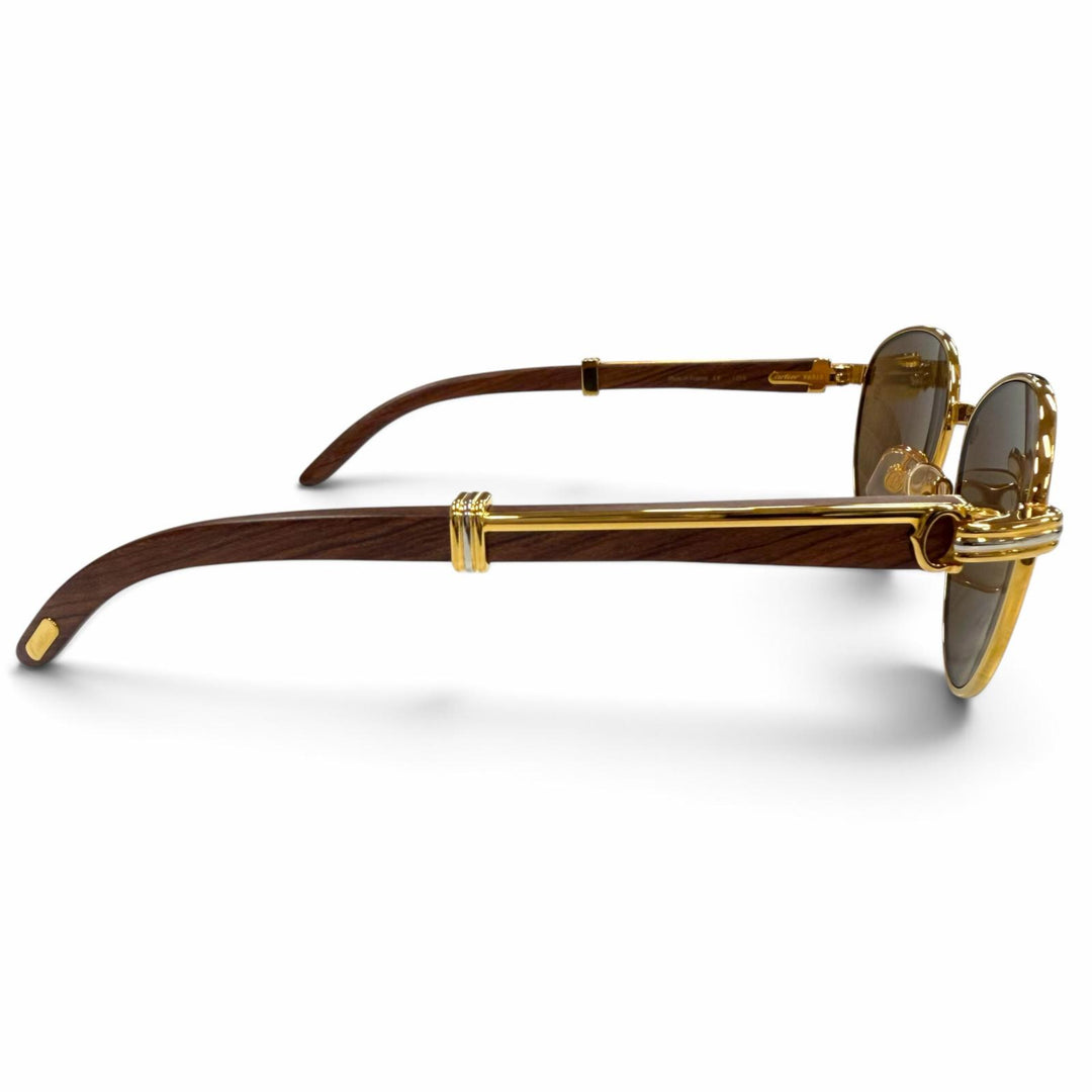 極美品▼Cartier カルティエ 2C デコール トリニティ ウッドテンプル ロゴ金具 アイウェア サングラス 54□17 135 デモレンズ ケース付き