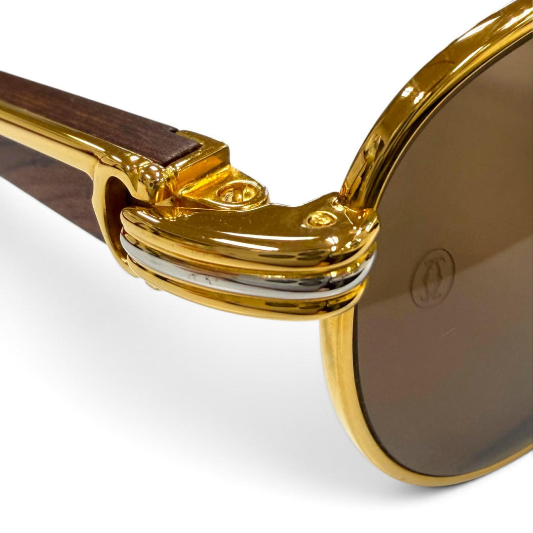 極美品▼Cartier カルティエ 2C デコール トリニティ ウッドテンプル ロゴ金具 アイウェア サングラス 54□17 135 デモレンズ ケース付き