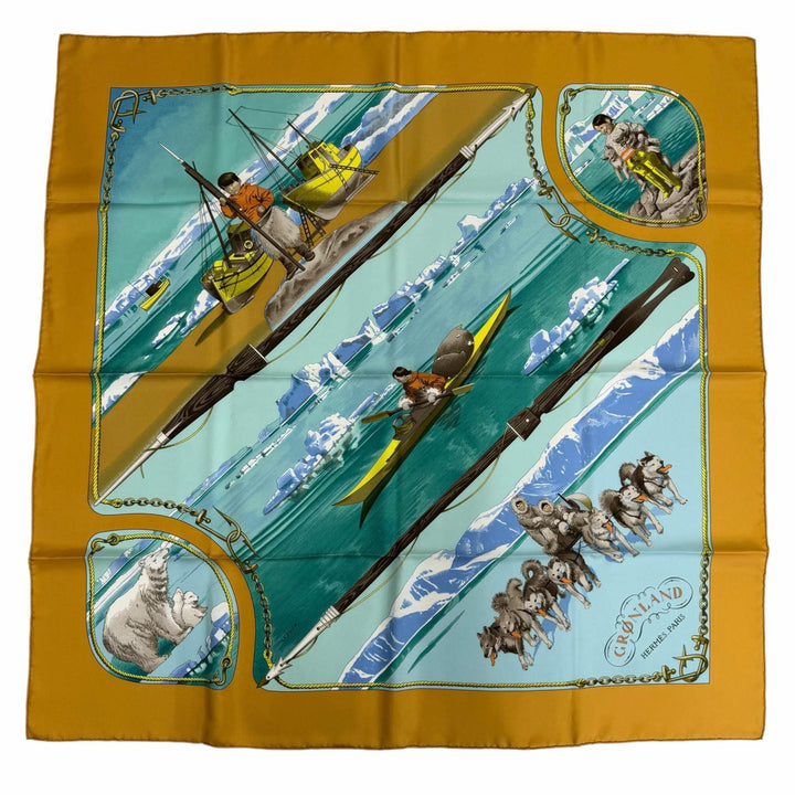 極美品☆HERMES エルメス カレ90 GRONLAND グリーンランド シルク100％ スカーフ イエロー系 フランス製 レディース 箱付き
