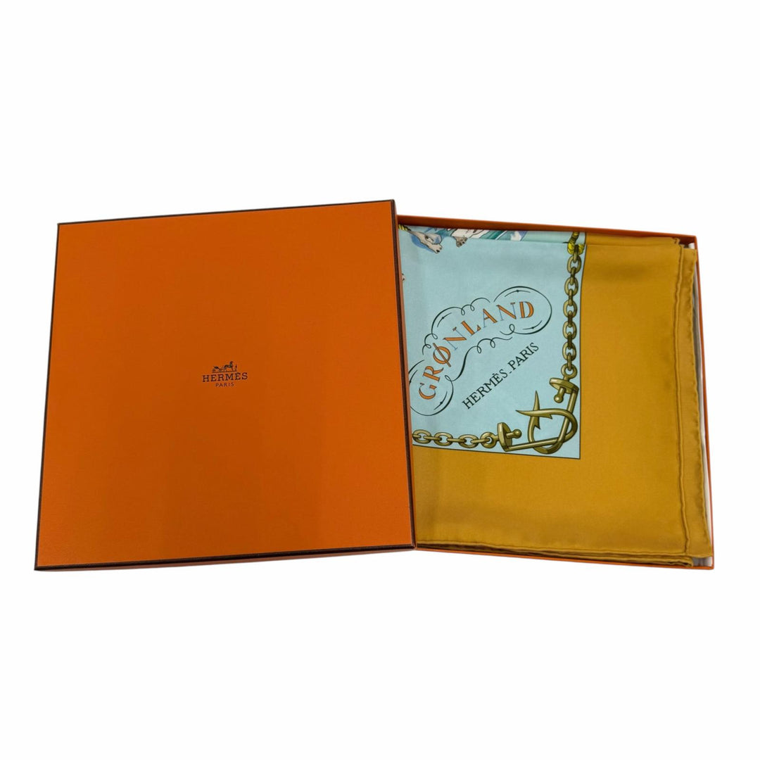 極美品☆HERMES エルメス カレ90 GRONLAND グリーンランド シルク100％ スカーフ イエロー系 フランス製 レディース 箱付き