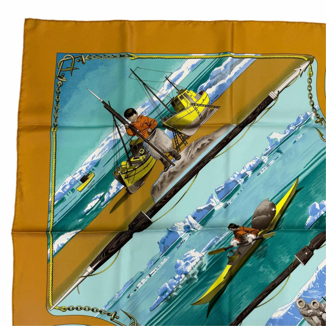 極美品☆HERMES エルメス カレ90 GRONLAND グリーンランド シルク100％ スカーフ イエロー系 フランス製 レディース 箱付き