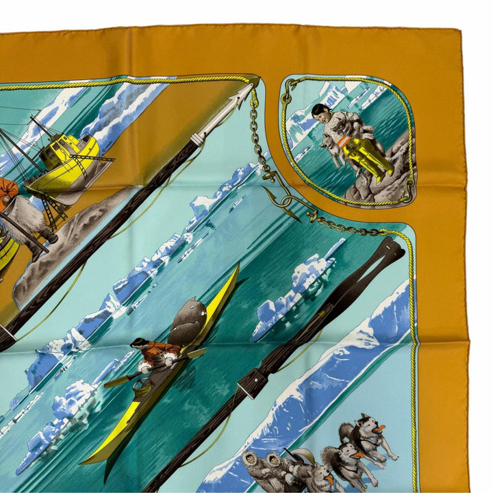 極美品☆HERMES エルメス カレ90 GRONLAND グリーンランド シルク100％ スカーフ イエロー系 フランス製 レディース 箱付き
